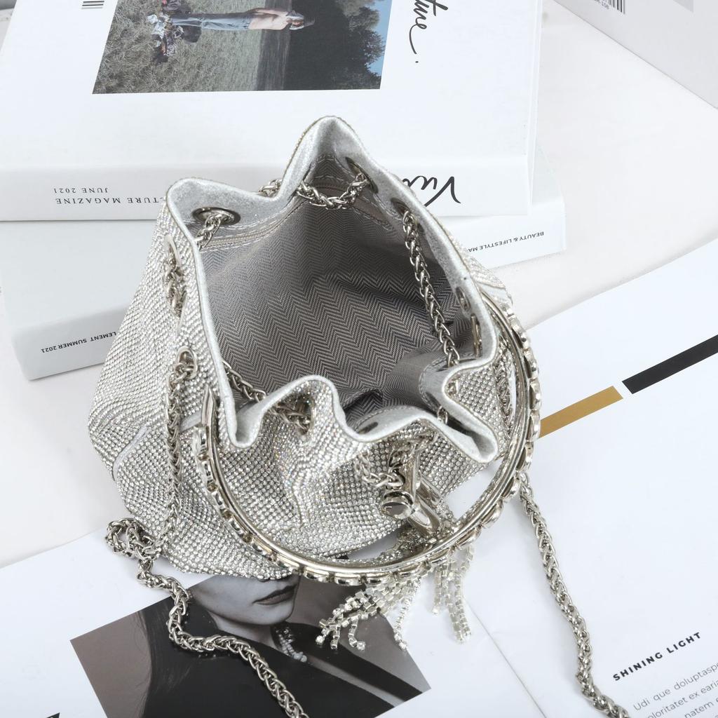 2025 Autumn and Winter Diamond-encrusted Shiny Pump Strap Portable Small Bucket Bag High-texture Messenger Bag Trendy Shoulder Women's Bag