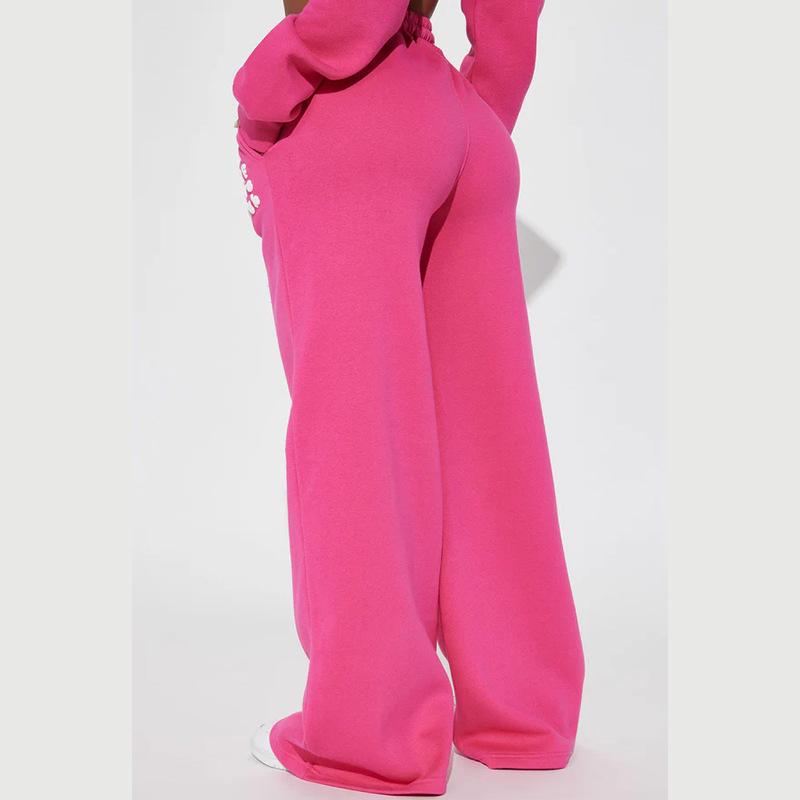 2026 Autumn Women's Casual High Waist Drawstring Sweatpants, Elastic Waist Pocketed Wide-Leg Pants with Letter Print, Pink Long Trousers