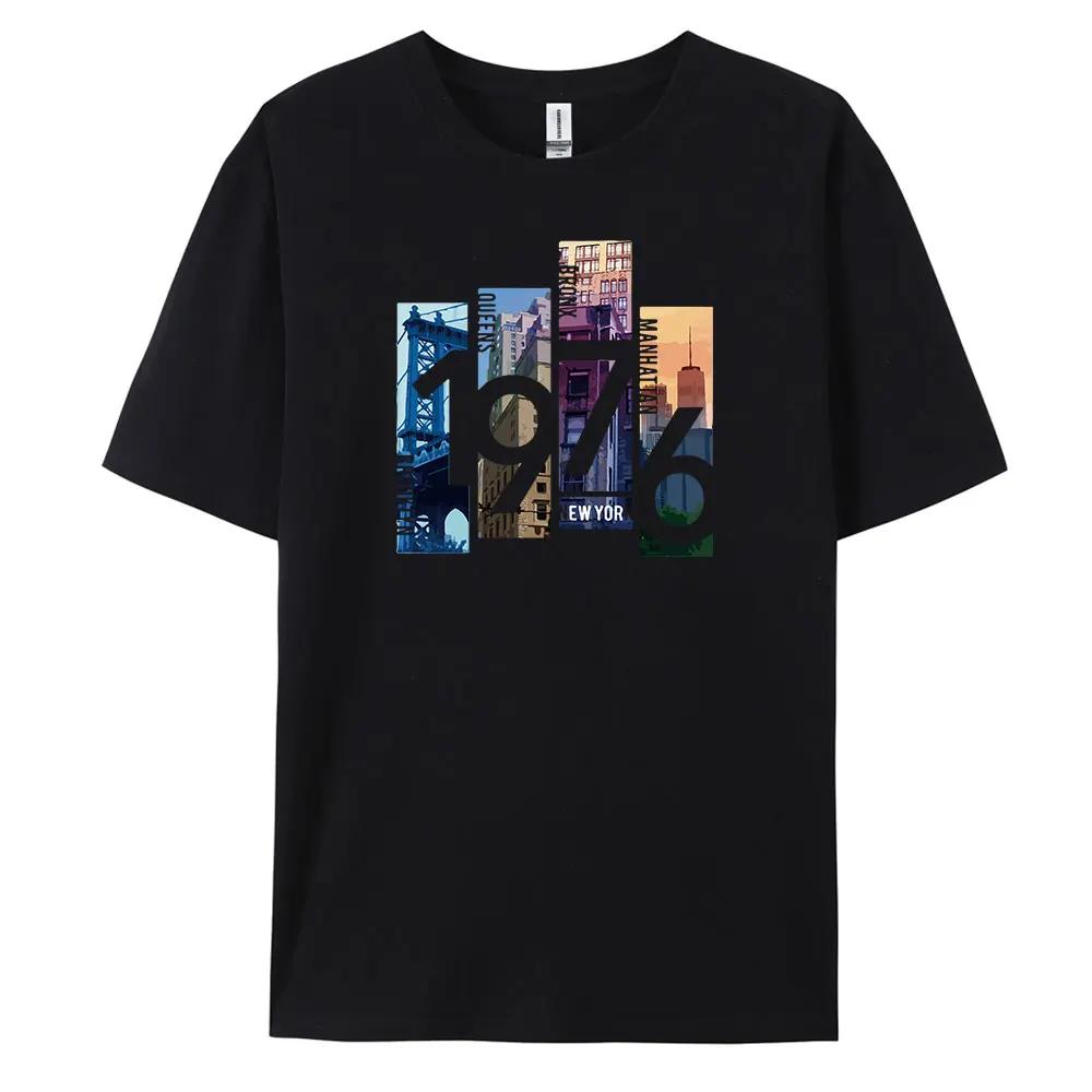 1976NewYork Herren Freizeit Kurzarm T-Shirt mit 100% Baumwolle Mode Print T-Shirts Oversize