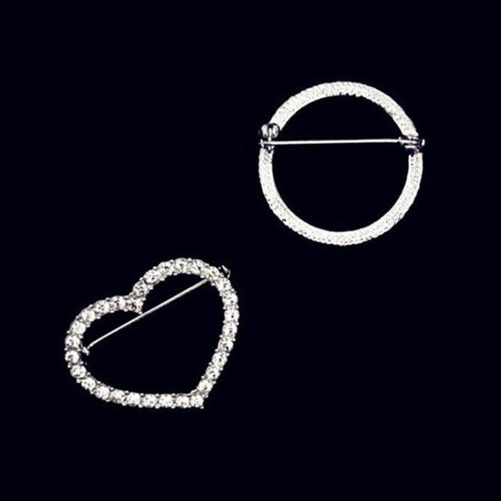 Set of 2 Delicate Alloy Breastpin with Dazzling Crystals Round and Heart Shaped Lapel Pin Women Badge Elegant Accessory