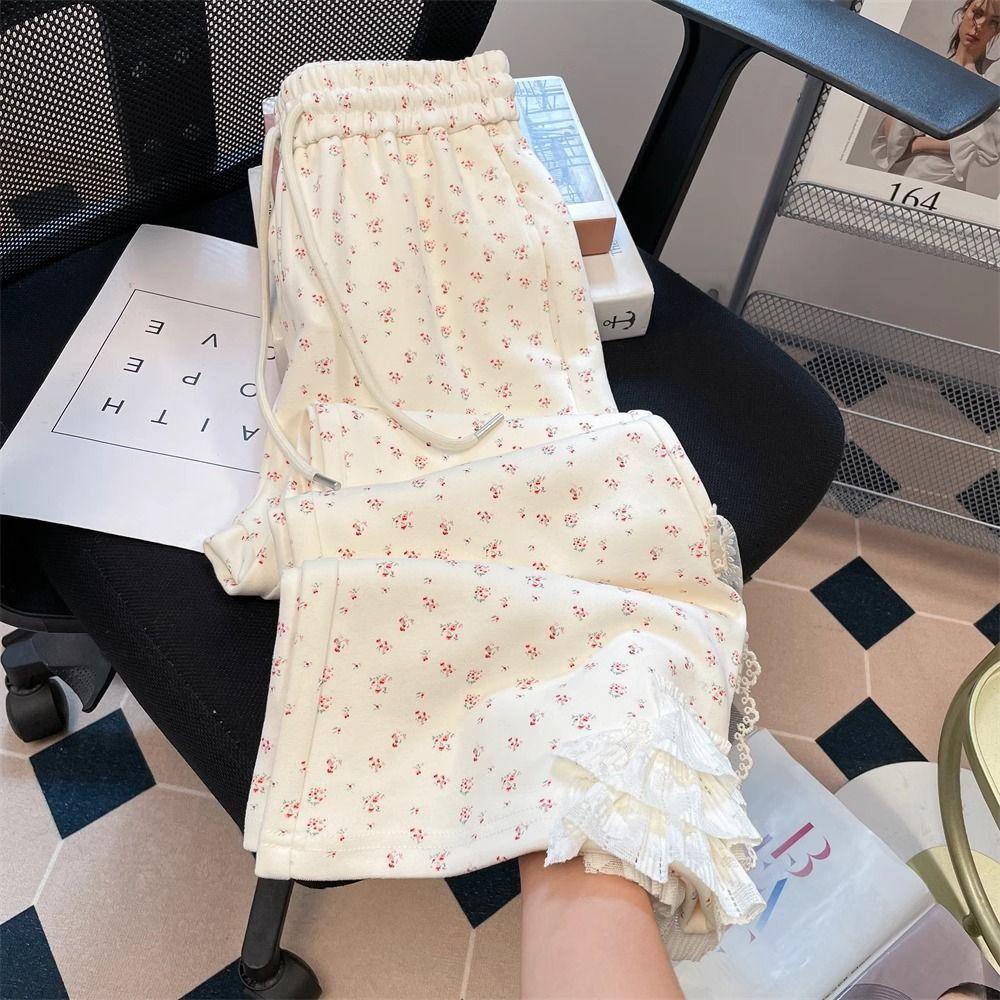 

Women Bow Lace Decorative Micro Flared Pants Japanese Sweet Floral Printed Drawstring Casual Pant Autumn Fashion Slim Fit Ladies Bottoms S