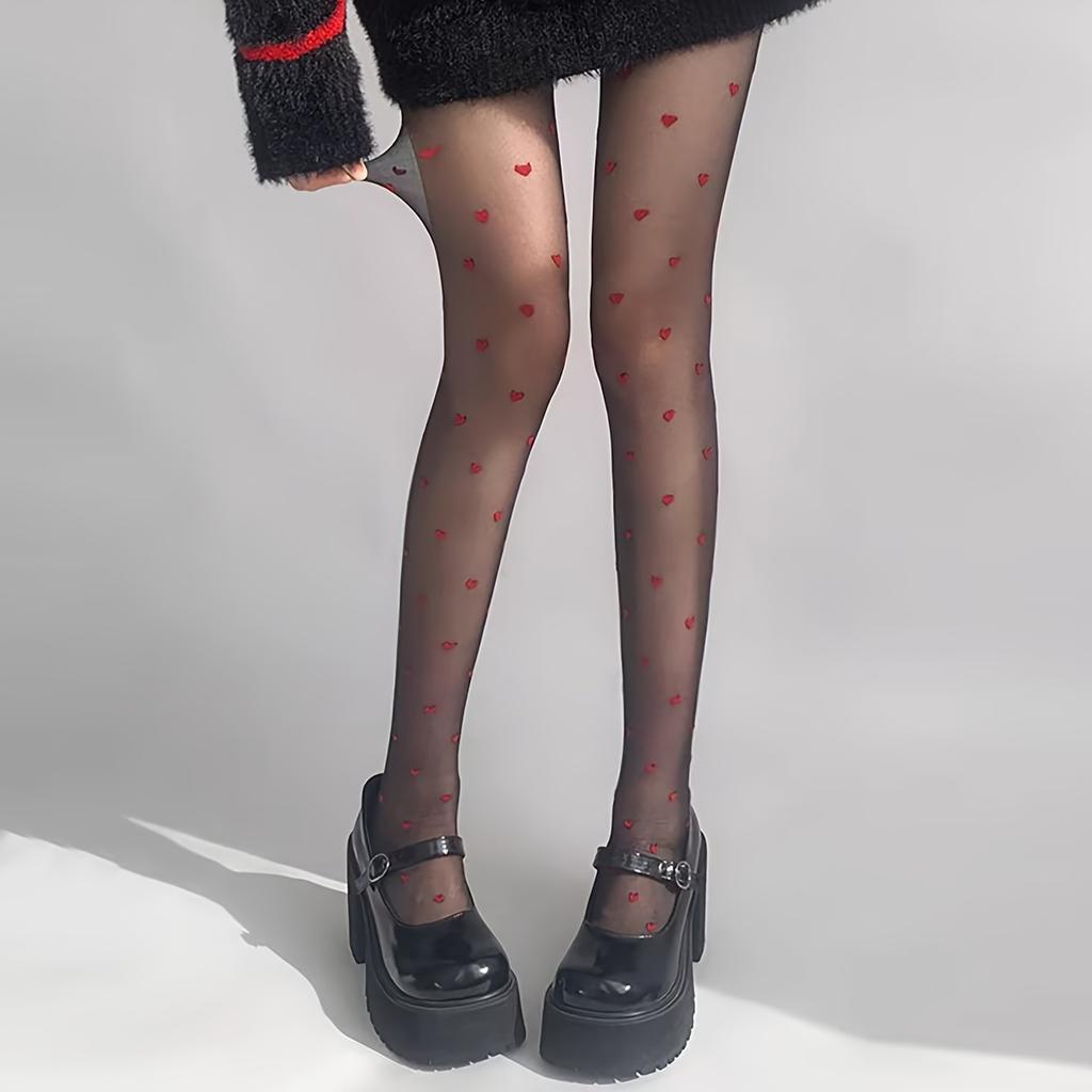 1 Pair Women's  Love Heart Pattern Sheer Tights-Hollow Out High Waist Mesh Pantyhose, Fashion-Forward Design for Valentine's Day