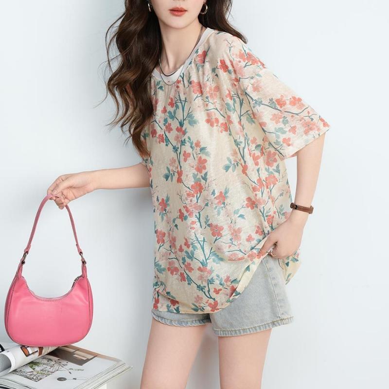 DIMANAF 2026 Plus Size Summer Beach Women T-Shirts Casual Lady Tops Tunic Tees Shirt Oversize Loose Floral Print Knitted