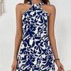 QICED Spring Summer Print Sleeveless Halter Skirt Peplum Halter Dress Woman