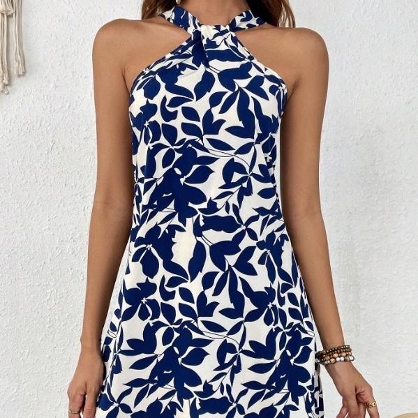 QICED Spring Summer Print Sleeveless Halter Skirt Peplum Halter Dress Woman