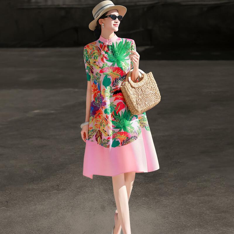 Elegant New Chinese Style Printed Button Dress F