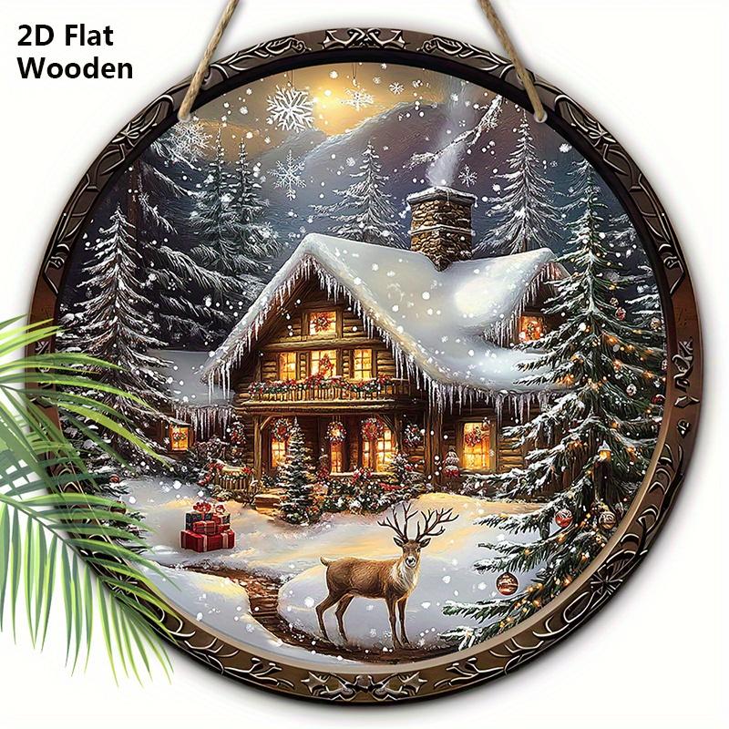 Caldo Inverno Natale Segno di Legno con Motivo Alce e Casa di Neve - Segno Rotondo Buon Natale per Porta d'Ingresso, Decorazione da Appendere alla Parete - Regalo di Natale Ideale