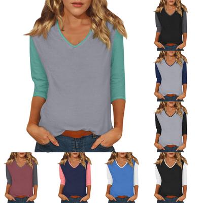 Women's Casual Fashion Sexy Comfortable V-neck Stitching Color Three-quarter Sleeve Top