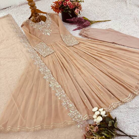 Embellished Anarkali Suit with Dupatta - Available In Beige and Pistachio Green