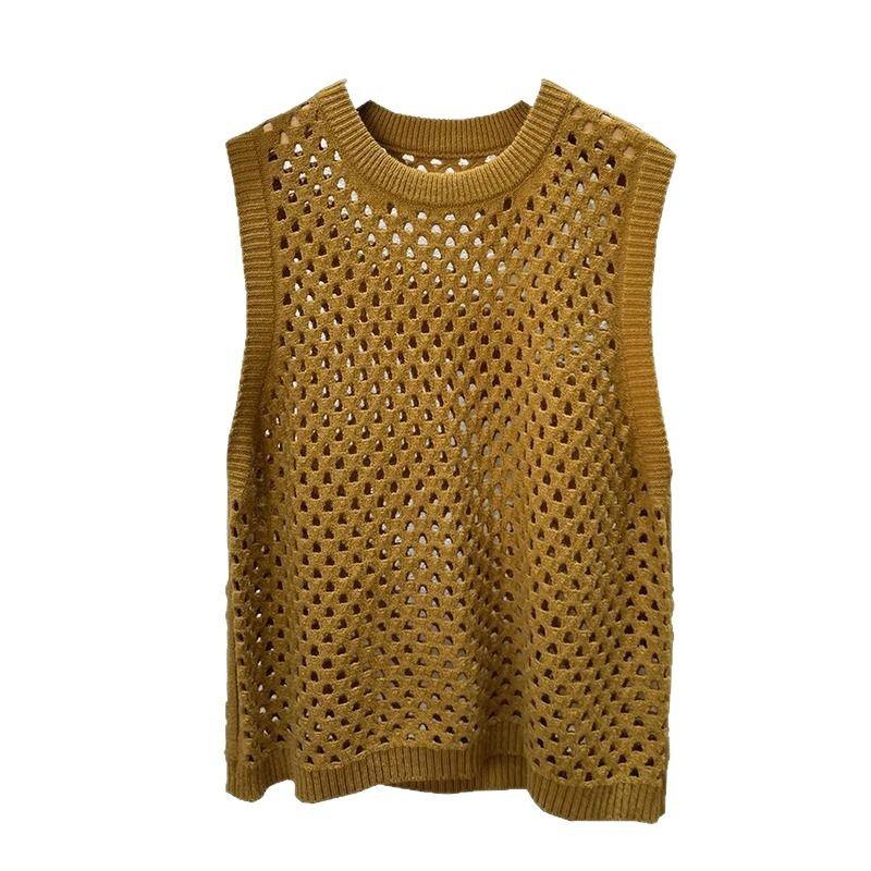 Retro Women's Round Neck Hollowed Out Knitted Vest Spring and Autumn New Loose Knitted Vest