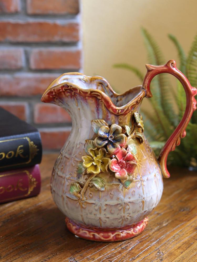 Vase Ceramic Desktop Ornament Painted Pastoral Hand-relief Glazed  Floral Decoration Suitable for Outdoor Garden Living Room 1Pc