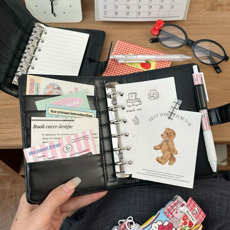 Kawaii Kitty A7 Retro Small Notebook Black Faux Leather Binder Portable Diary Set With Card Holder Student Stationery Supplies