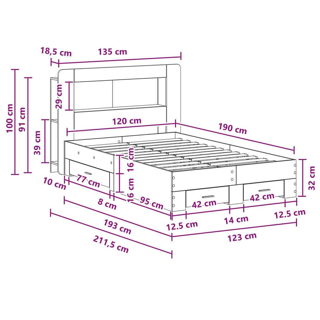 Bed Frame with Storage Space Smoked Oak 120 x 190 cm