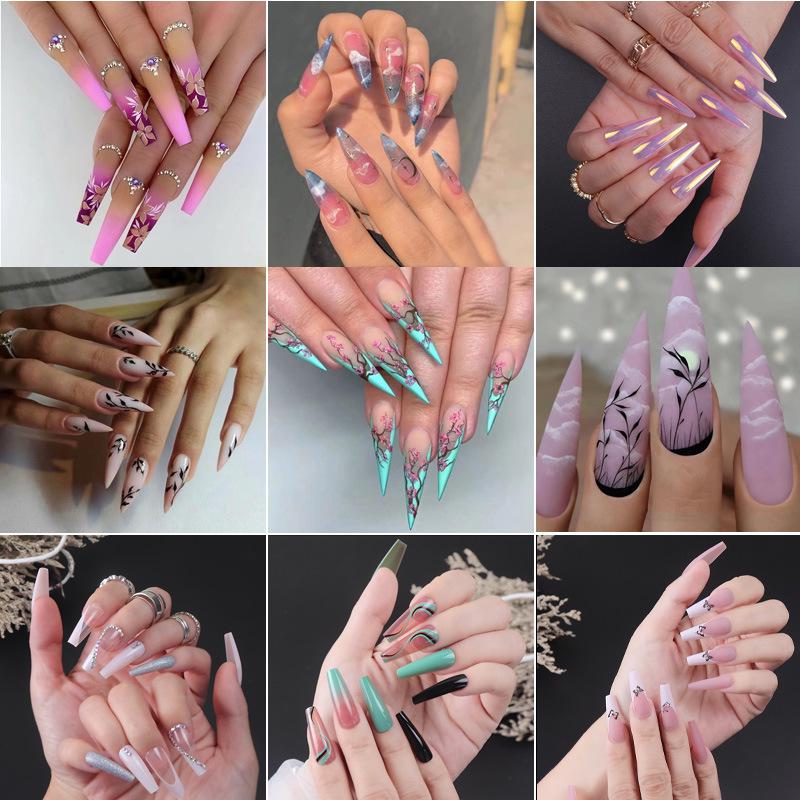 O2 Long Wearable Removable Nail Patches: Pointed Press-On False Nails for Nail Art