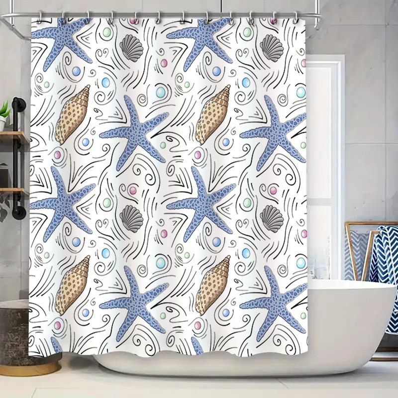

Hand-Drawn Beach-Inspired Shower Curtain With Blue Seashells And Starfish Pattern For Bathroom Decor. W60H190(CM)-1 Pcs
