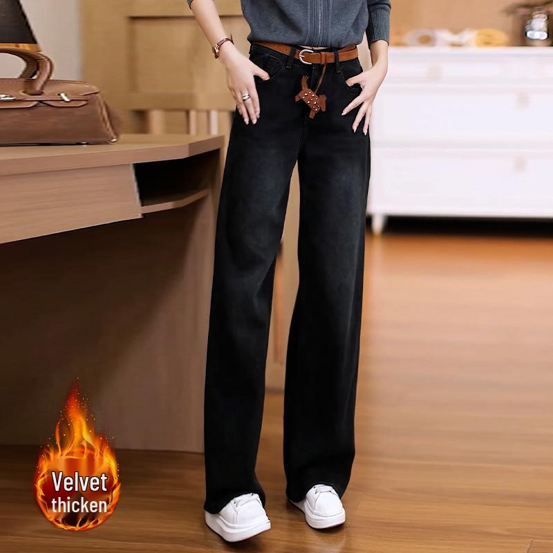 

Stylish Women s Narrow Straight-Leg High-Waisted Jeans with Plus Velvet for Winter 2026 - Slim-Fit Loose Wide-Leg Pants 3XL 135-145 Jin