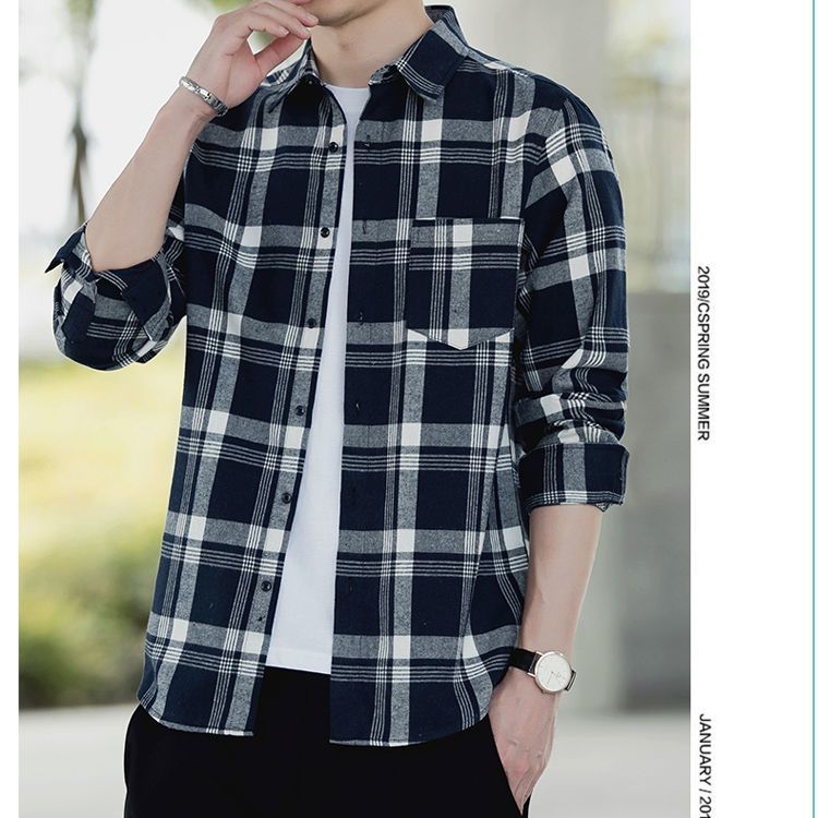 

Autumn Men s Business 2026 New Patchwork Square Collar Button Pocket Plaid Fashion Loose Versatile Casual Long Sleeved Shirts XXXL небо синє кольору