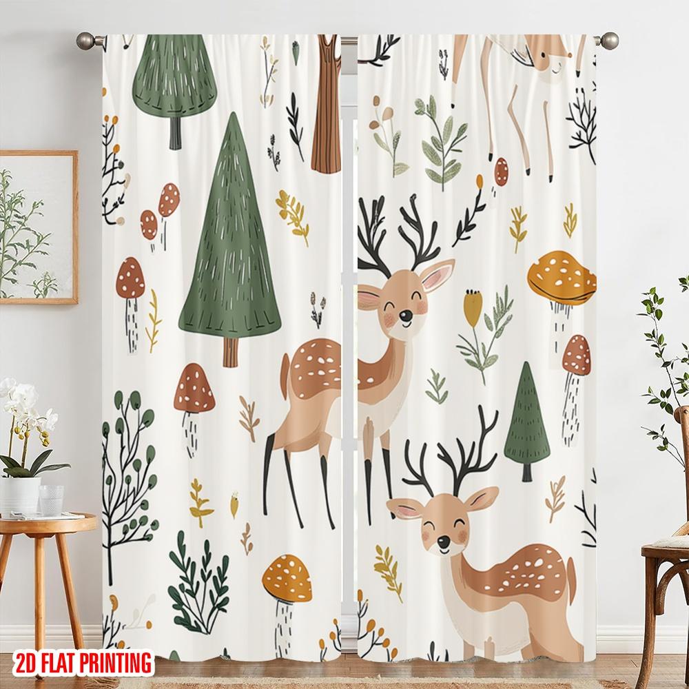 2pcs,2D Plane Printing Print Curtains Cute Woodland Animals Forest Seamless Durable 100% Polyester Fabric (without Rod)