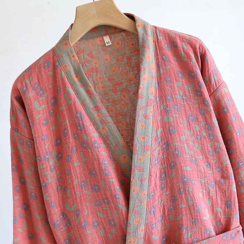 Damen Kimono Bademantel aus garngefärbtem Jacquard, Reine Baumwolle, Lässige lockere Passform für Frühling, Sommer und Herbst
