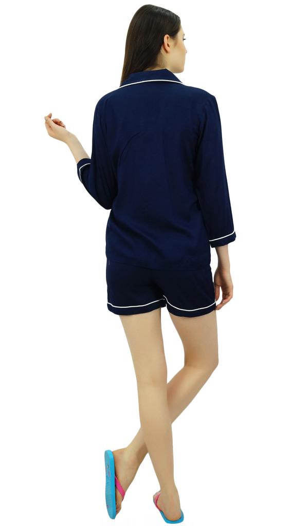 Bimba Button-Down Shirt With Elastic Waist Shorts 2 Pcs Full Sleeve Night Wear