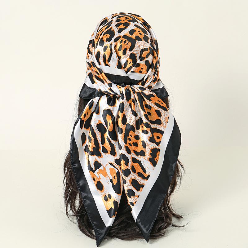 New 90*90cm Leopard Print Luxury Brand Square Silk for Women Foulard Satin Bandana Summer Soft Neckerchief Beach Hair Scarves