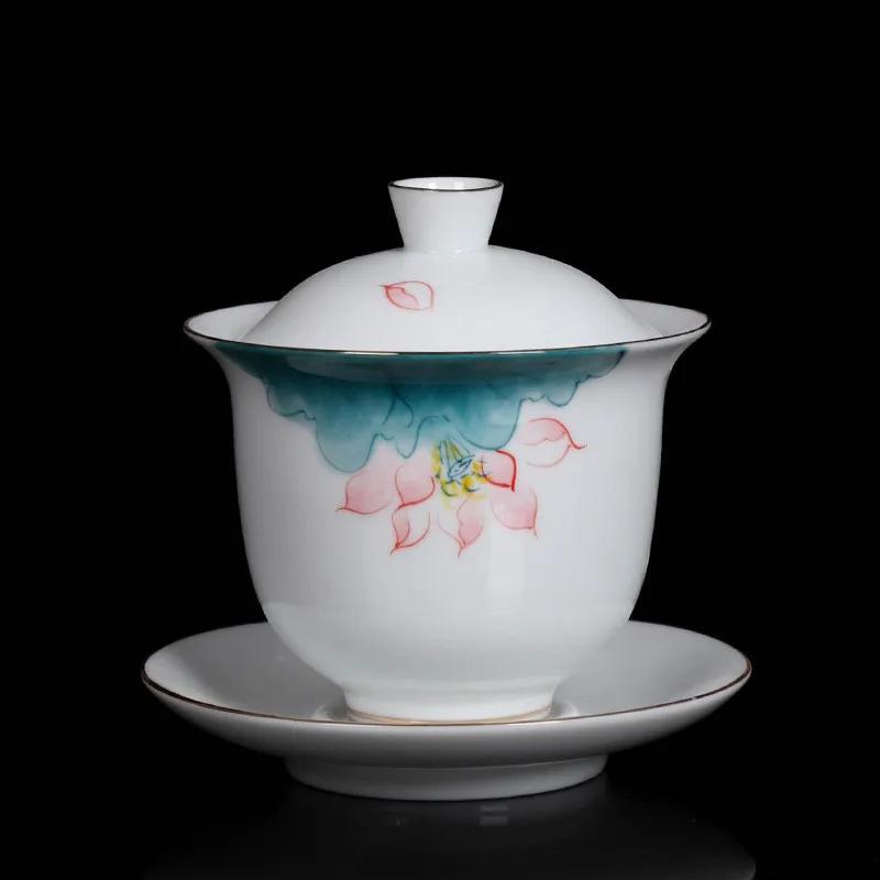 High Quality White Porcelain Gaiwan Portable Ceramic Tea Set Chinese Hand Painted Tea Bowl Tea Ceremony Accessories 170ml