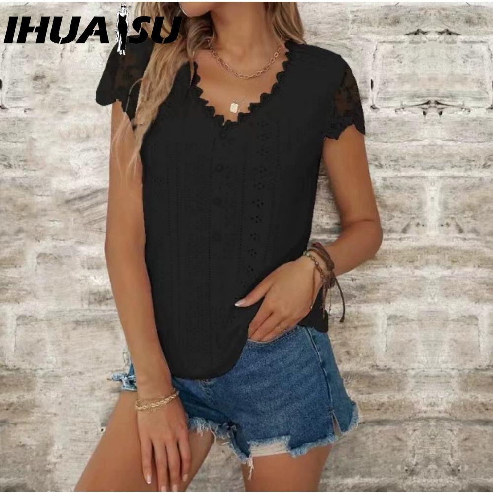 IHUASU Women's Fashion Casual Solid Color Print Short Sleeve V Neck Blouses & Shirts