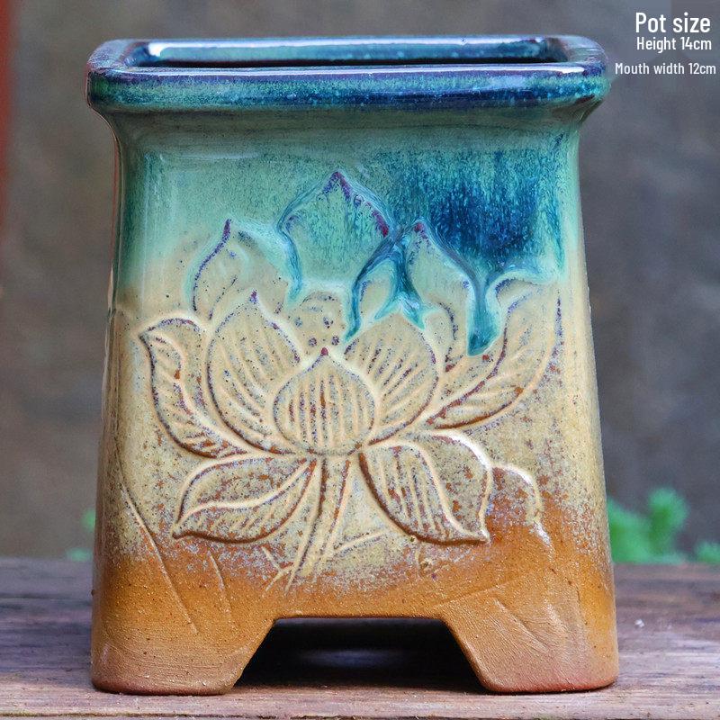 Handgefertigter unregelmäßiger quadratischer Keramik-Blumentopf für Sukkulenten - Pflanztopf mit großem Durchmesser für Mischbepflanzung