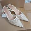 Fashion Brand Designer High Heels Women Wedding Shoes Pearl Embroider Flower Mesh Back Strap Summer Slingbacks Elegant Ladies Sandals