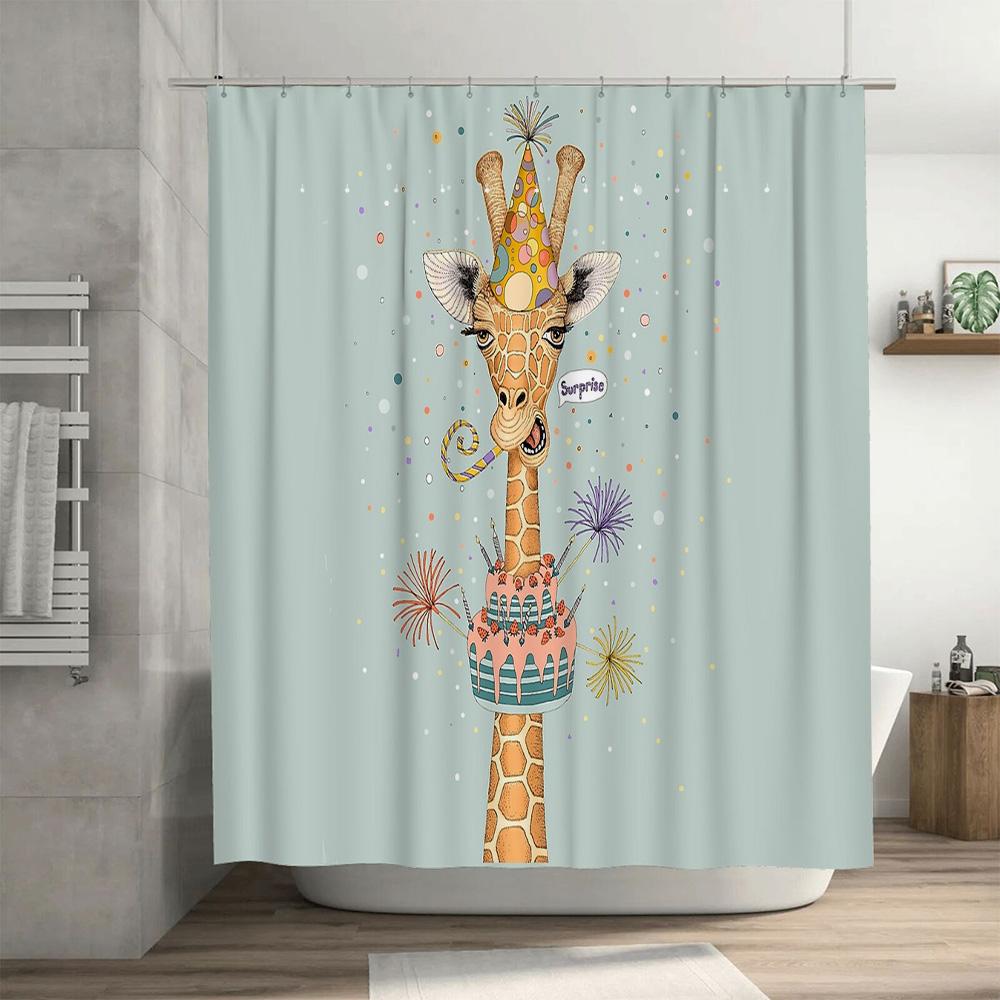 Cute Animal Birthday Party Shower Curtain Giraffe Happy Birthday Backdrop Festive Bathroom Decor Washable Waterproof Home Decor