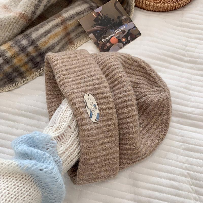 Big Head Circumference Thick Wool Hat Women's Autumn and Winter Loose Warm Cold Hat Ear Protection Show Face Small Beige Knitted Hat