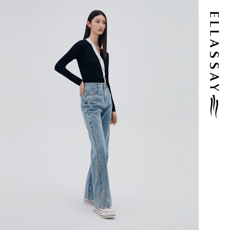 ELLASSAY Women's Lambswool Color Block Oblique Button V-Neck Slim Knit Sweater