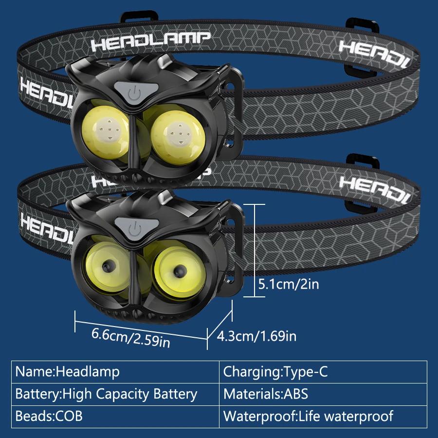 1200mah COB LED Owl Headlamp Charge Headlight with Hook EDC Flashlight for Children Running Fishing Camping with Strong Magnetic