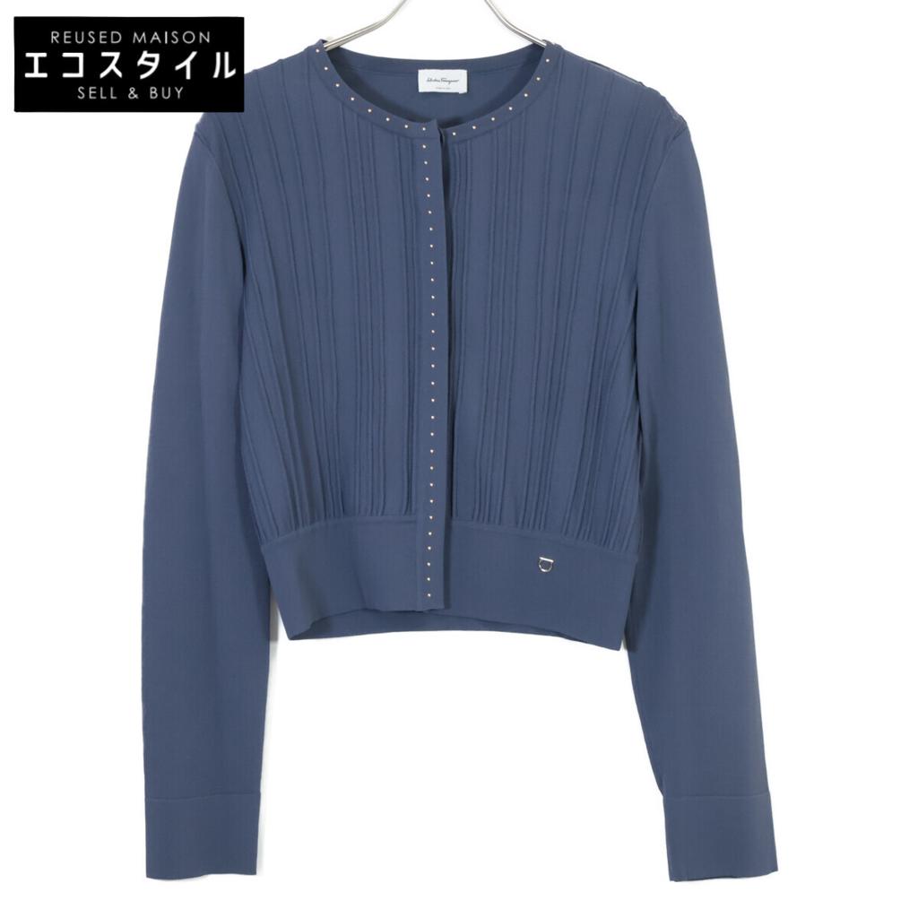 Salvatore Ferragamo 0718924 Navy Rayon x Nylon Gancini Charm Stud Design Cardigan tops M purpleUsed