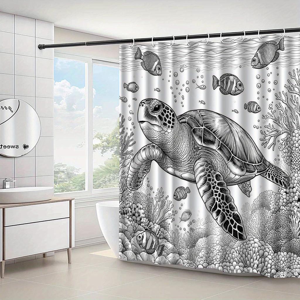 1Pc Turtle And Coral Patterned Shower Curtain, Polyester Fabric, With Hooks, Machine Washable, Suitable For Bathroom Dcor.
