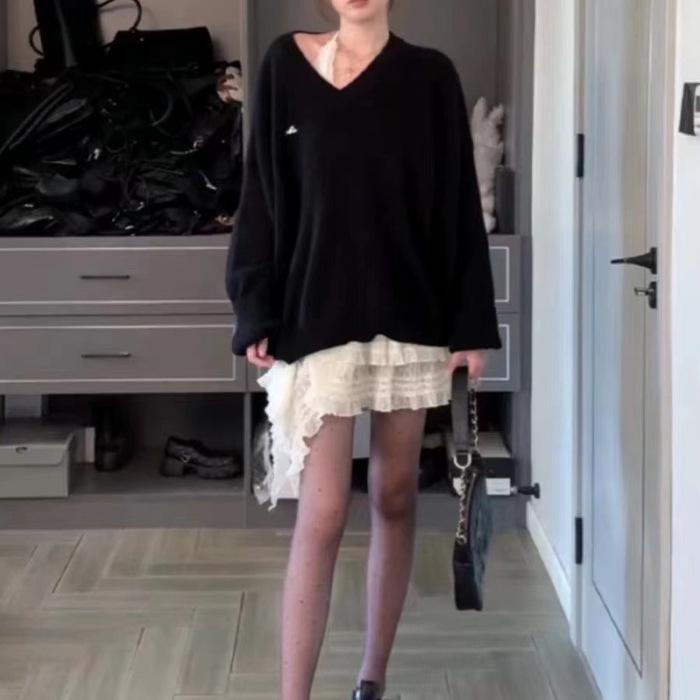 "Damen Frühherbst Roter V-Ausschnitt Koreanischer Baumwolle Kaschmir Locker Gestrickter Pullover"