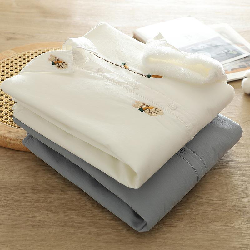 Women's Pure Cotton Flannel Long-Sleeve Shirt with Rabbit Embroidery - Warm, Thickened, Autumn/Winter Design