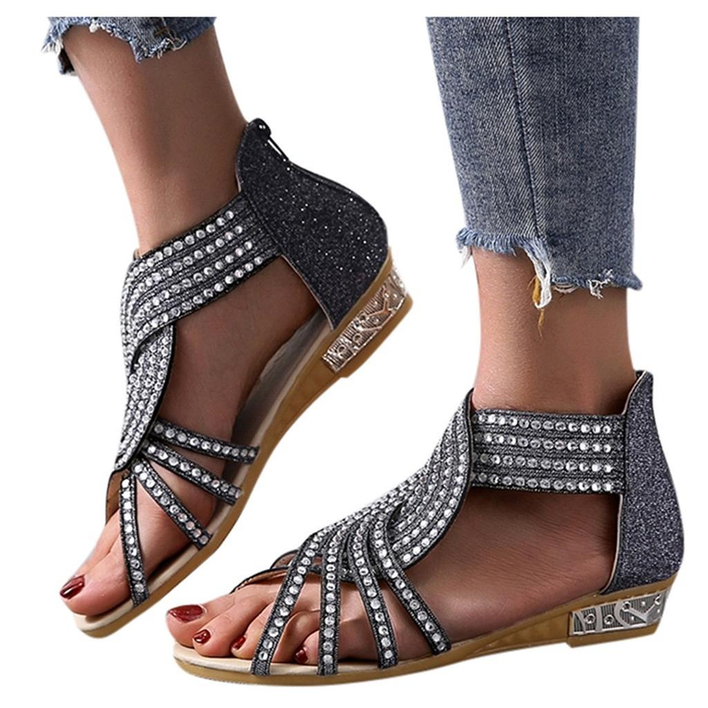 Sandals Women Women'S Ladies Fashion Vintage Crystal Outdoor Hollow Out Zip Up Sandals Shoes Womens Sandals Pu