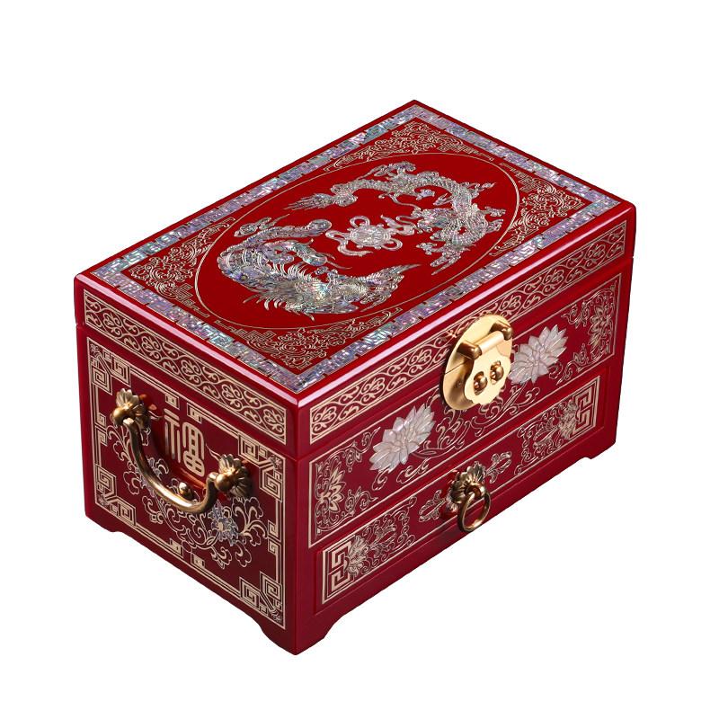 Vintage Wooden Jewelry Box with Copper Wire Inlay Mother of Pearl Handcrafted Pingyao Lacquerware
