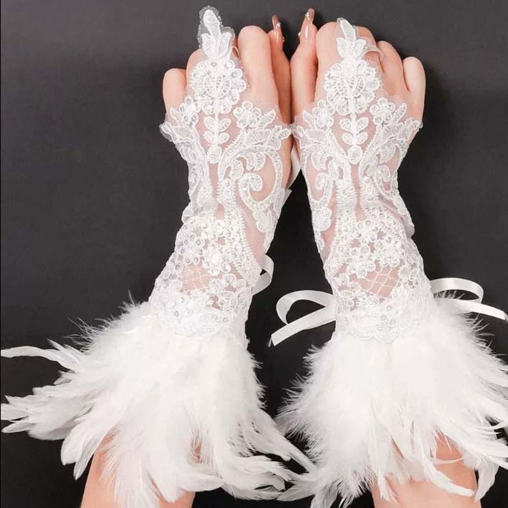 Wristband Halloween Feather Gloves Embroidery Gothic Feather Lace Glove Retro Dark Women Halloween Cuffs Carnival