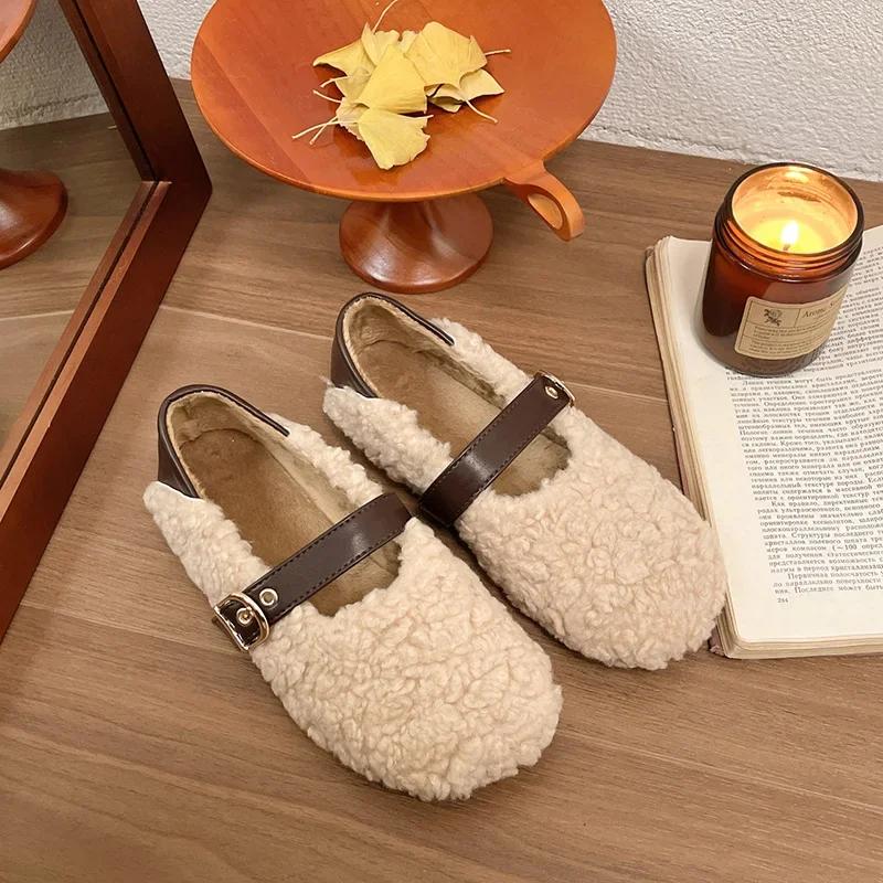 

Дизайнерские винтажные женские теплые меховые туфли на плоской подошве, модные неглубокие пряжки на ремне, весна-осень, женские удобные туфли-лоферы 38 абрикосовый