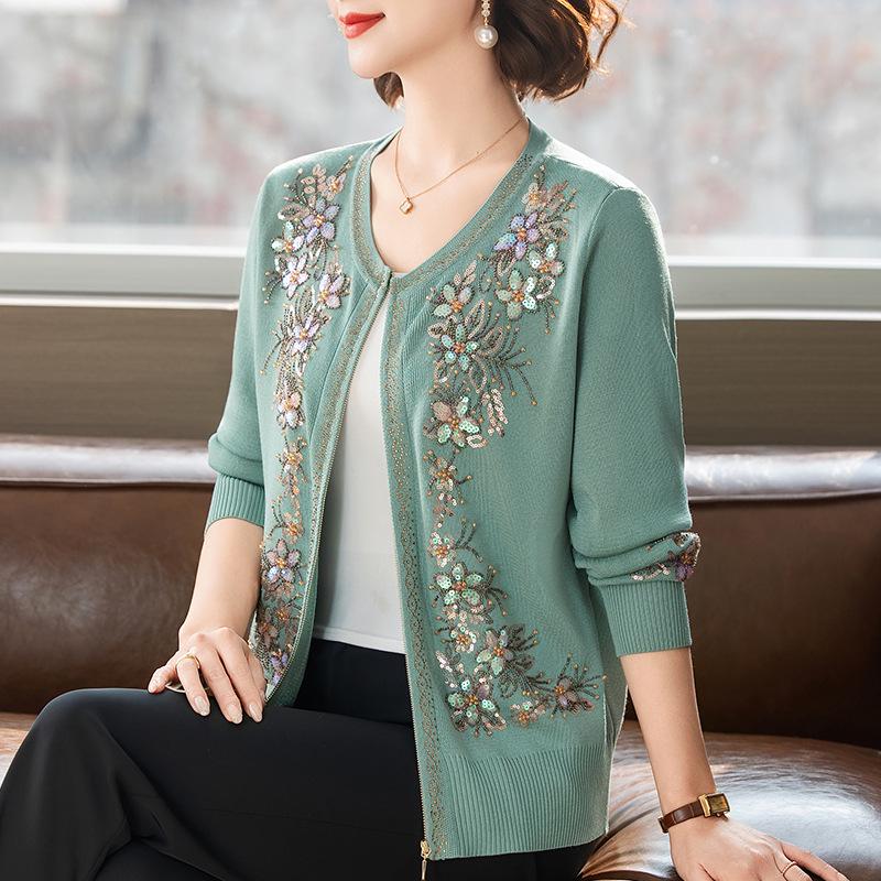 Women's Autumn/Winter Heavy Knit Cardigan with Butterfly Flower Embroidery & Hand Beading