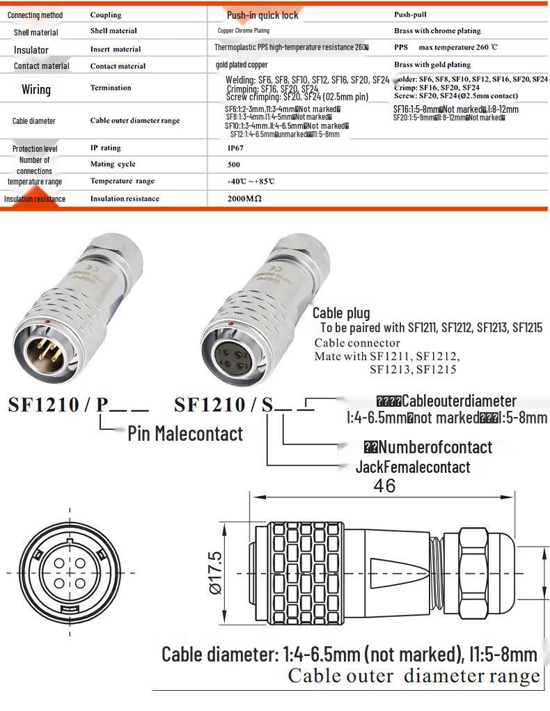 Weipu SF12 Aviation Connector, 2 to 9-Pin Male-Female Straight Pair