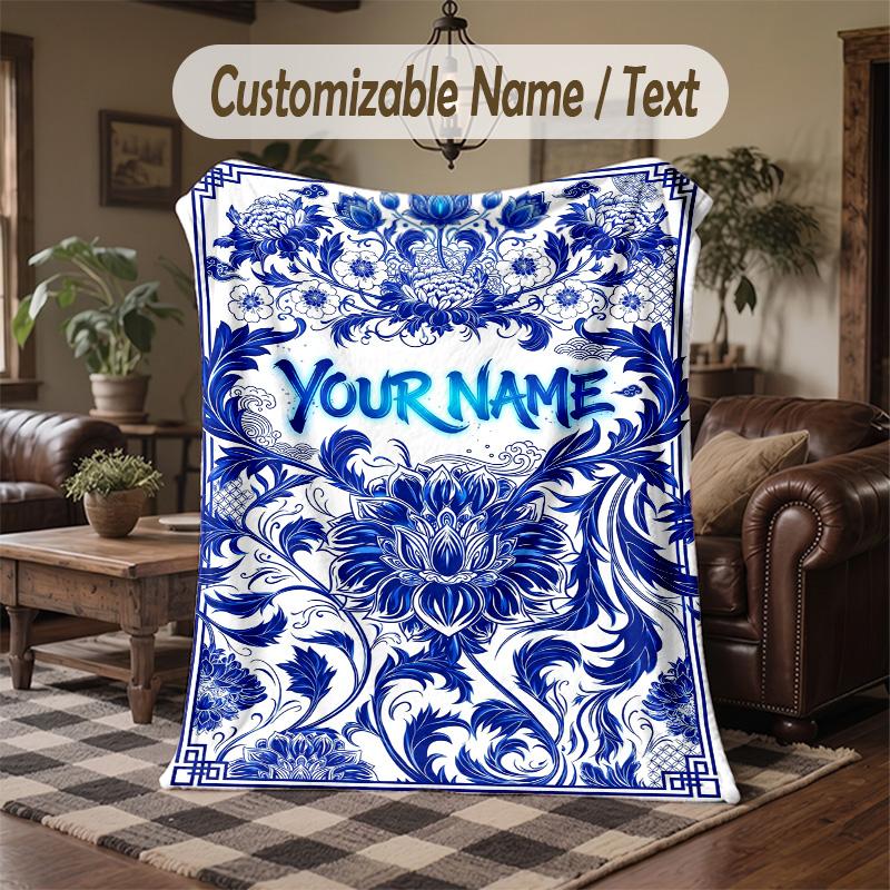 Blue Floral 1 Theme Throw Blanket Custom Name Text Personalized Blanket Soft Cozy Blanket for Home Sofa Bed