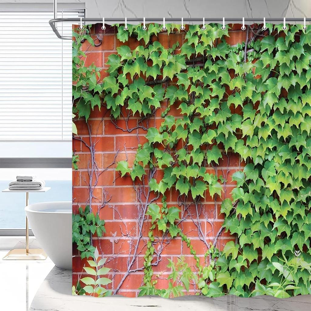 Green Vine Shower Curtain Climbing Plants Green Leaves Vintage Red Walls Rustic Nature Patio Scenery Plant Scenery Bathroom
