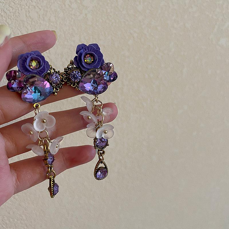 Silver Rhinestone Crystal Flower Asymmetric Earrings - Colorful Retro Court Style Studs for Women
