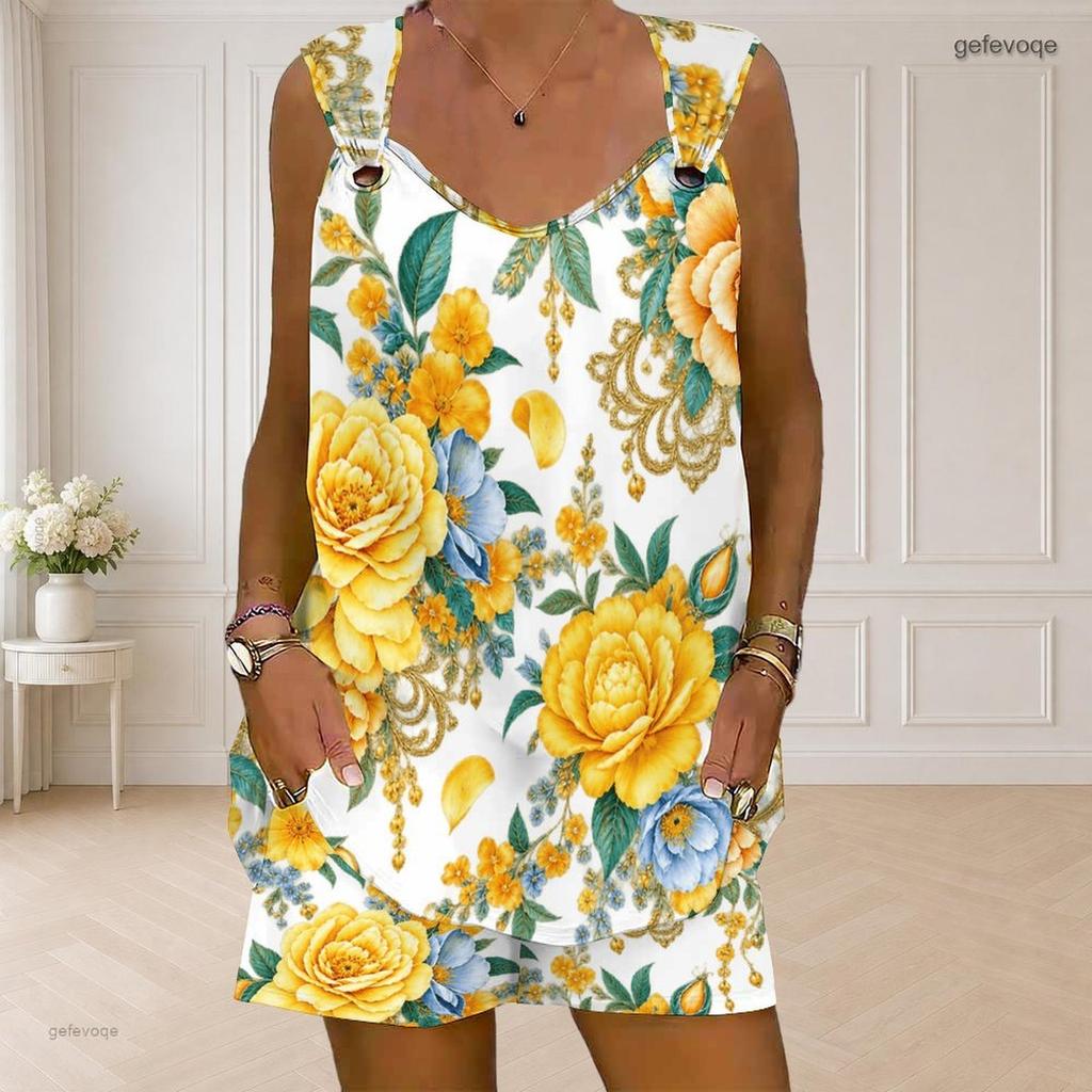 Women Plus Size Floral Printed Sleeveless Ring Strap Tank Top Pocket Shorts Two Piece Set