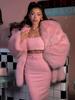 Source Factory Foreign Trade Medium and Long Pink Luxury Imitation Fox Hair Padded Cotton Thickened Environmentally Friendly Fur Jacket