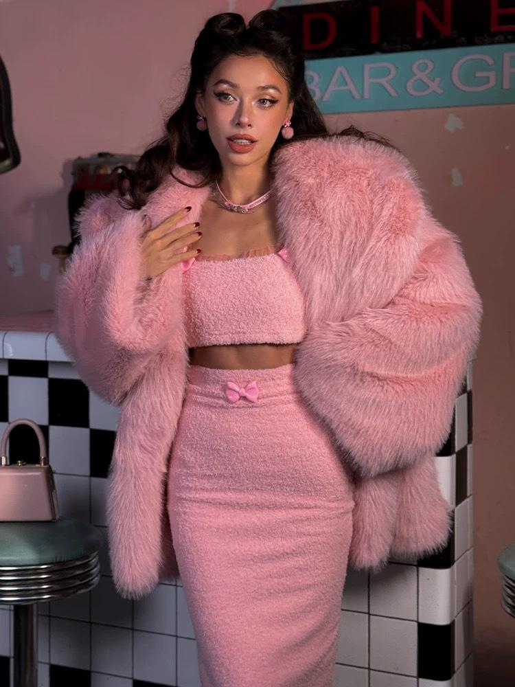 Source Factory Foreign Trade Medium and Long Pink Luxury Imitation Fox Hair Padded Cotton Thickened Environmentally Friendly Fur Jacket