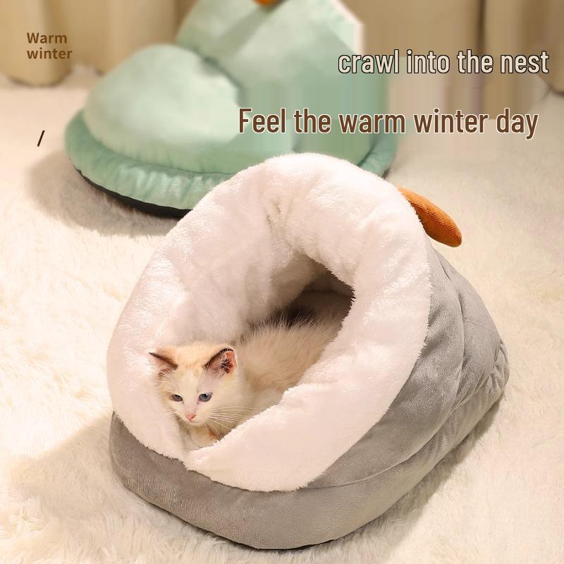 Cozy Winter Slipper-Style Cat & Small Dog Bed - Warm, Thick, Semi-Enclosed Design for Cold-Proof Comfort